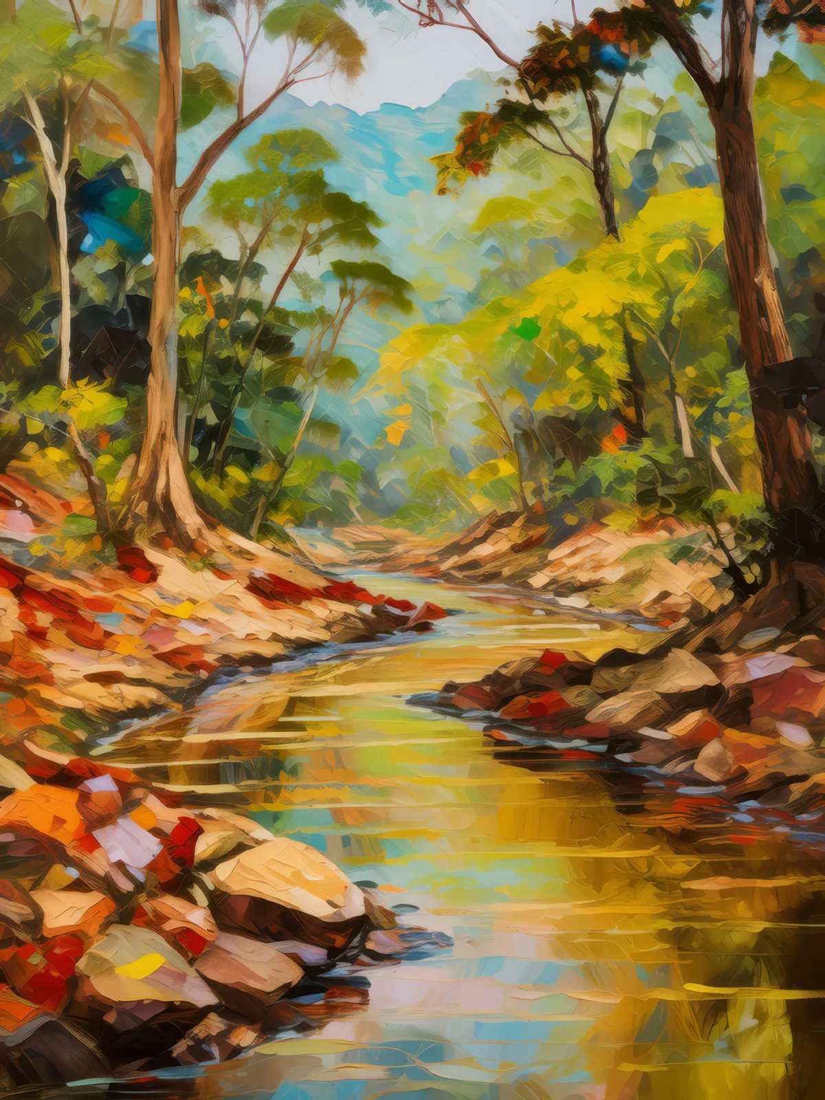 Dry Forest Creek Bed, a palette-knife oil landscape by Emma Mickelberg