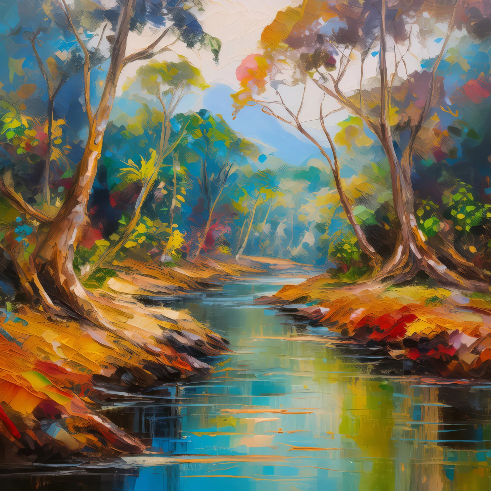 Dry Forest Creek Scene, a palette-knife oil landscape by Emma Mickelberg