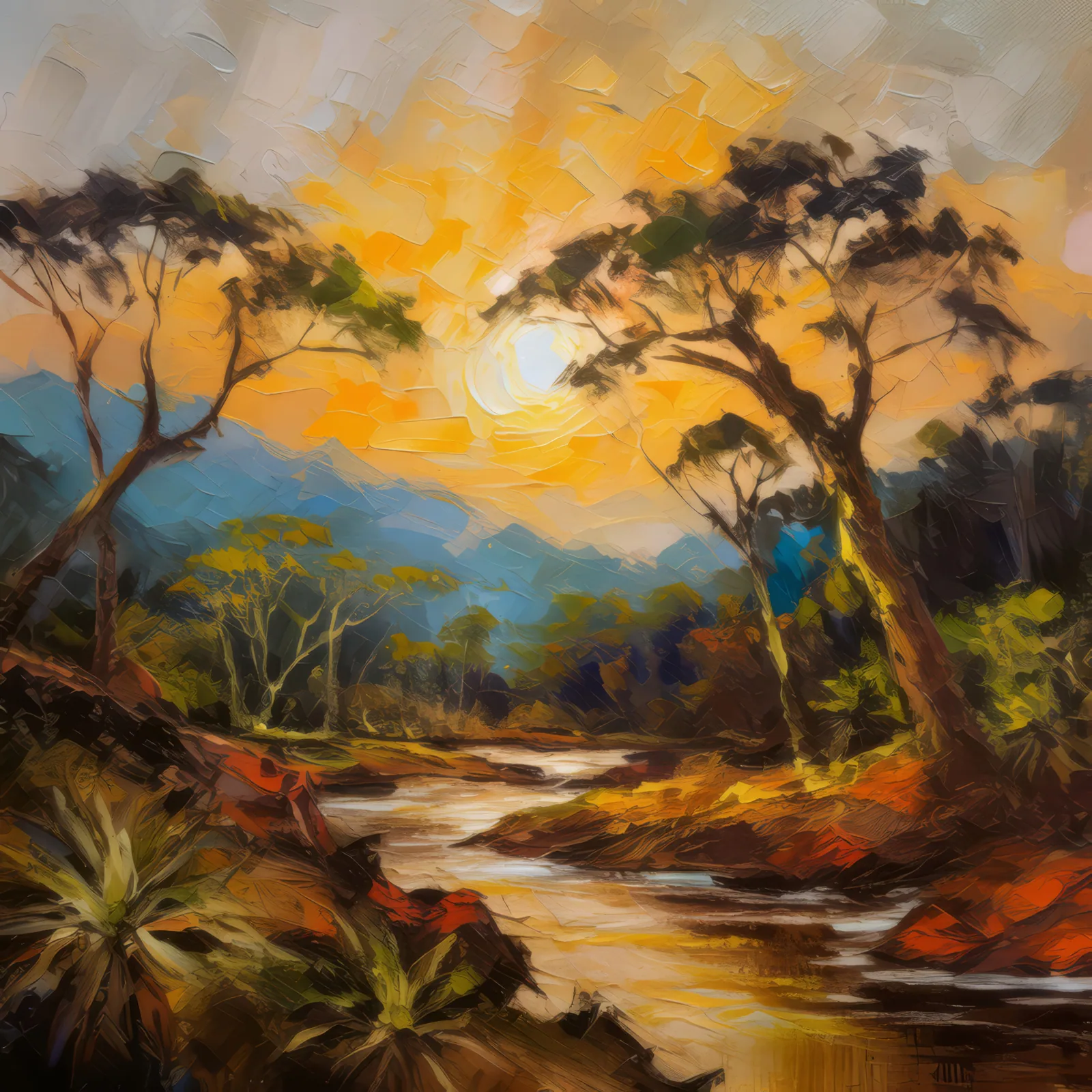Dry Forest Evening Glow, a palette-knife oil landscape by Emma Mickelberg