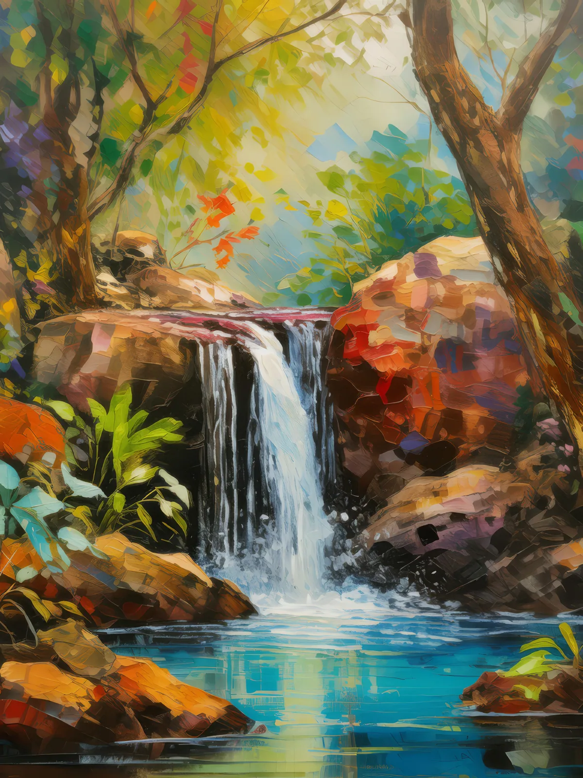 Dry Forest Hidden Waterfall, a palette-knife oil landscape by Emma Mickelberg