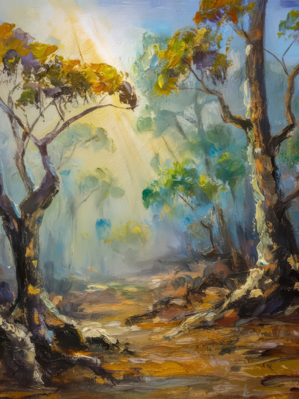 Dry Forest Morning Mist, a palette-knife oil landscape by Emma Mickelberg