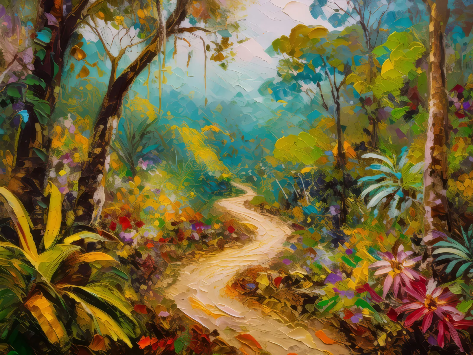 Dry Forest Pathway, a palette-knife oil landscape by Emma Mickelberg