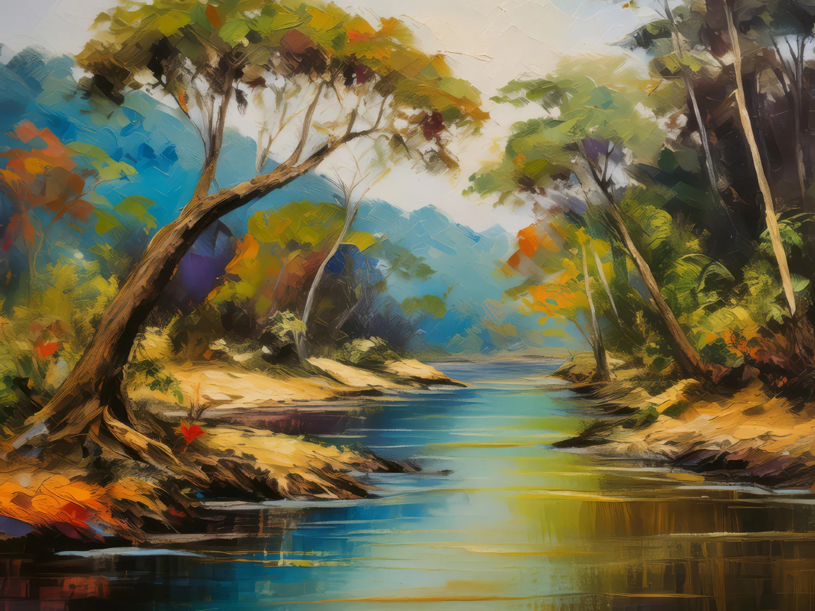 Dry Forest River Crossing, a palette-knife oil landscape by Emma Mickelberg
