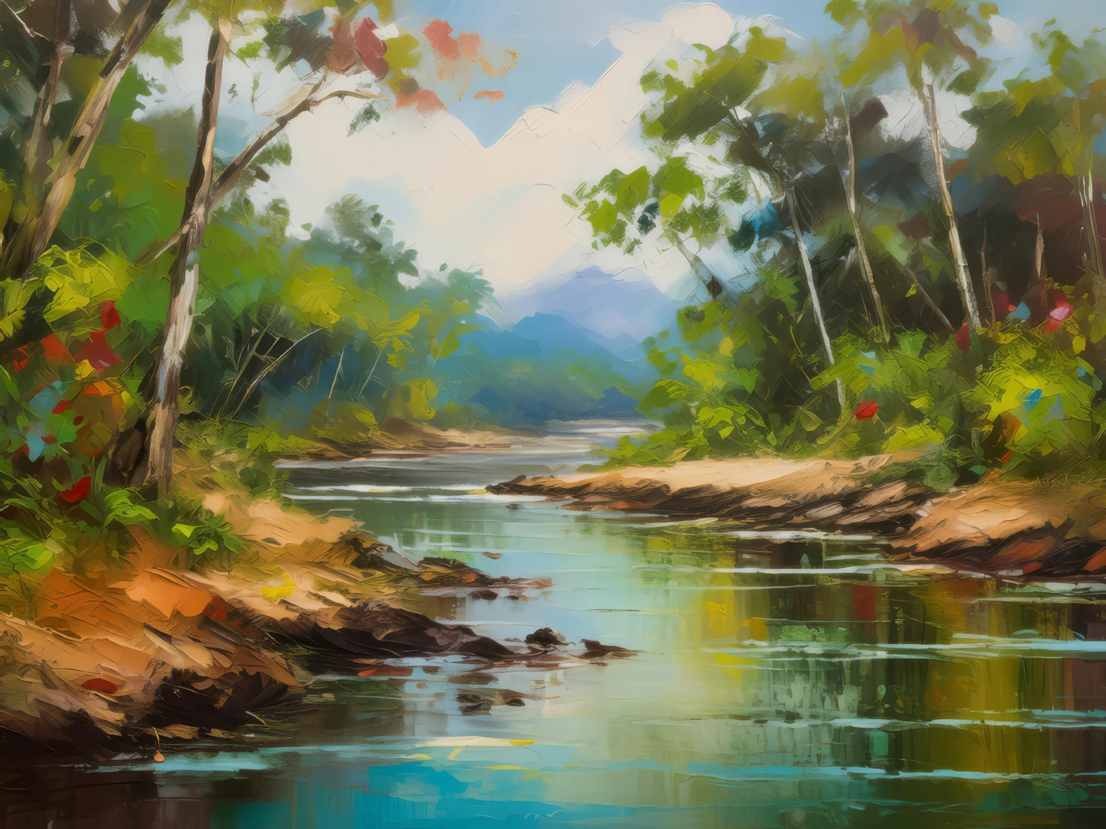 Dry Forest Riverbank, a palette-knife oil landscape by Emma Mickelberg