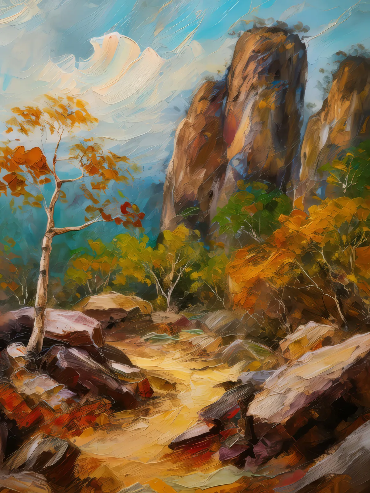 Dry Forest Rock Formations, a palette-knife oil landscape by Emma Mickelberg