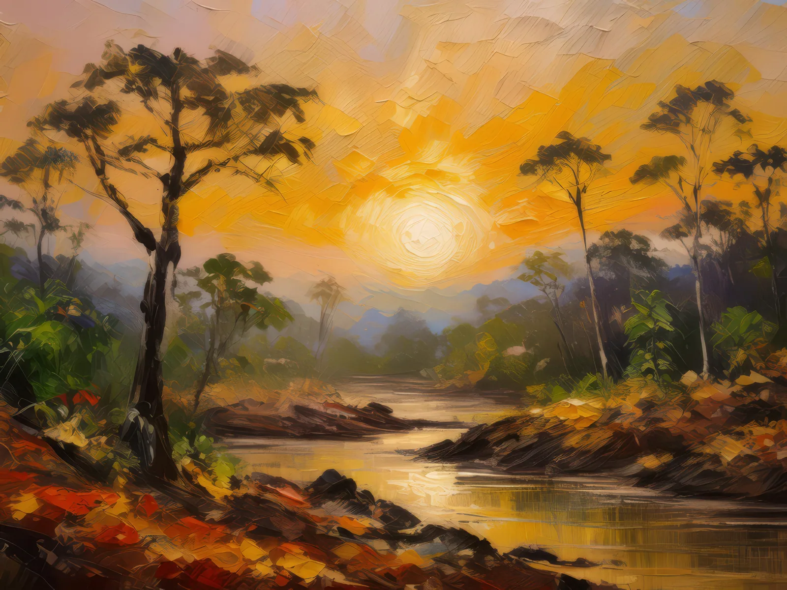 Dry Forest Sunrise View, a palette-knife oil landscape by Emma Mickelberg