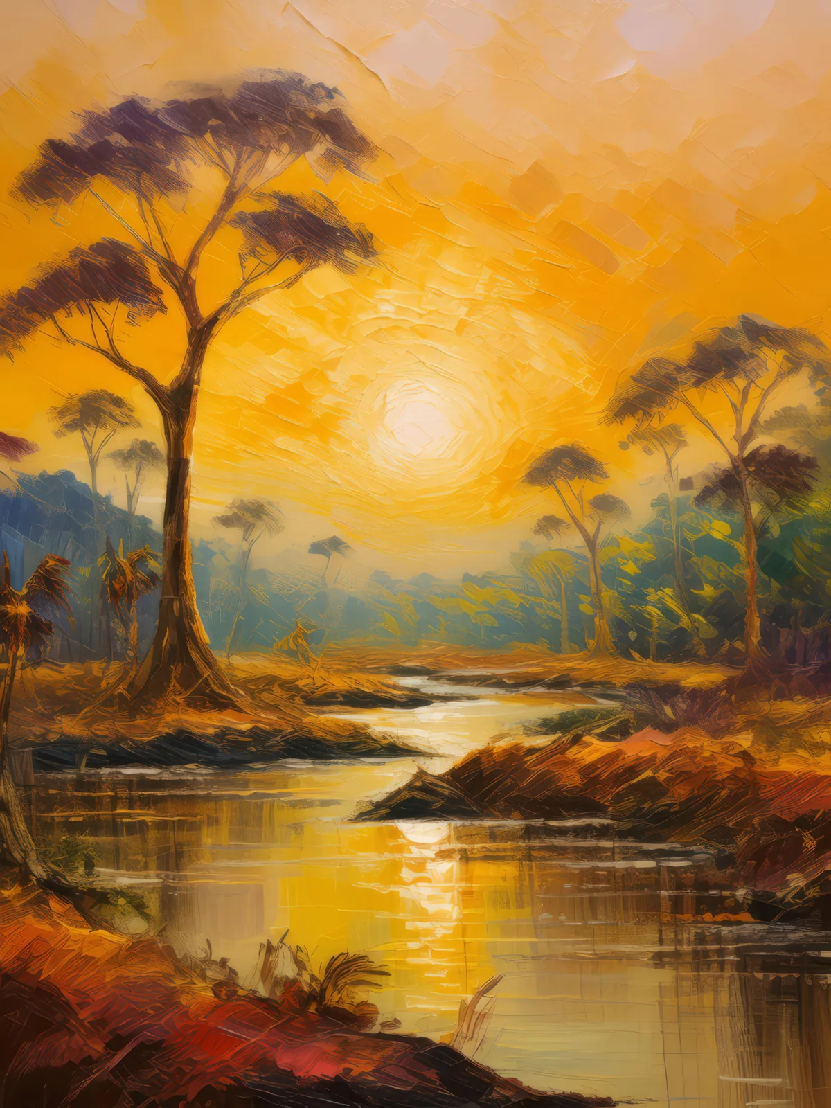 Dry Forest Sunrise, a palette-knife oil landscape by Emma Mickelberg