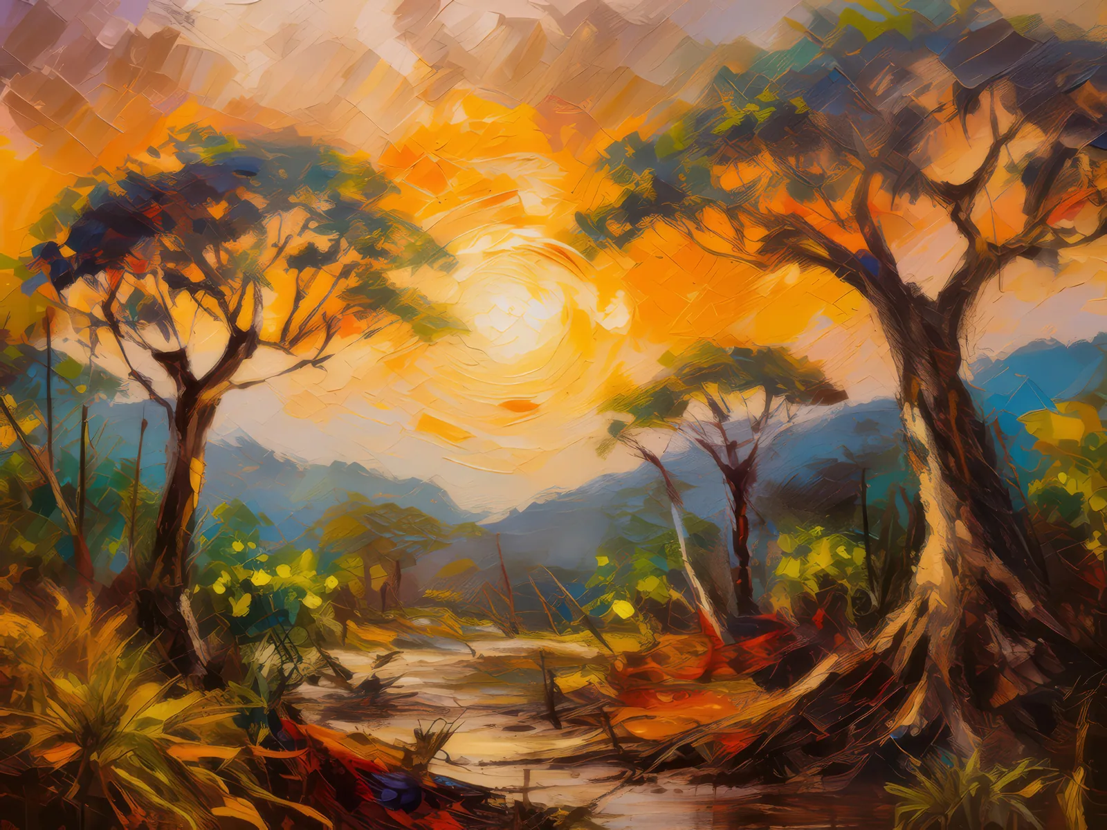 Dry Forest Sunset Glow, a palette-knife oil landscape by Emma Mickelberg