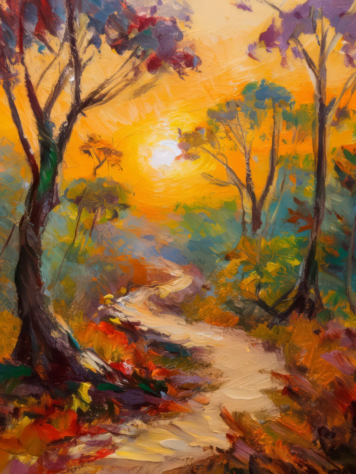 Dry Forest Sunset Path, a palette-knife oil landscape by Emma Mickelberg