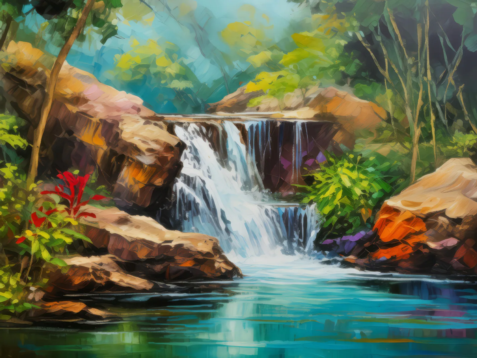Dry Forest Waterfall Scene, a palette-knife oil landscape by Emma Mickelberg