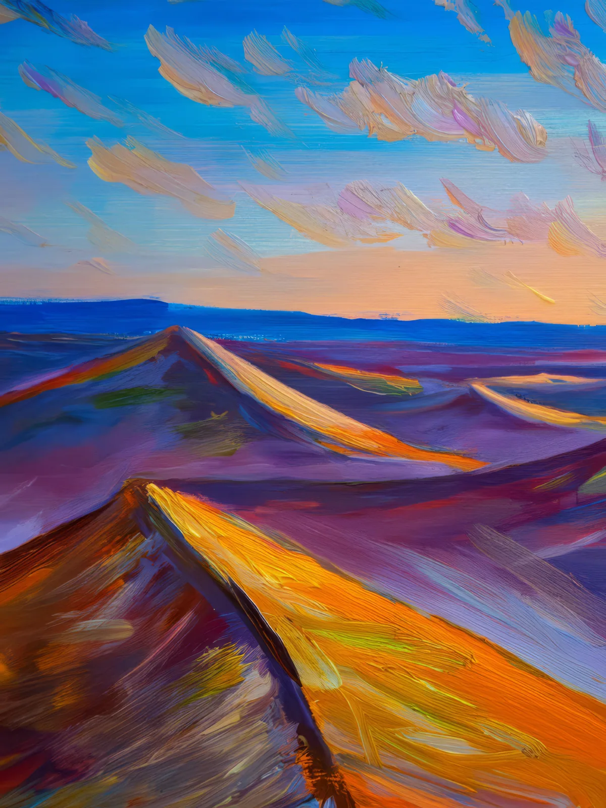 Dune Shadows at Twilight, a palette-knife oil landscape by Emma Mickelberg