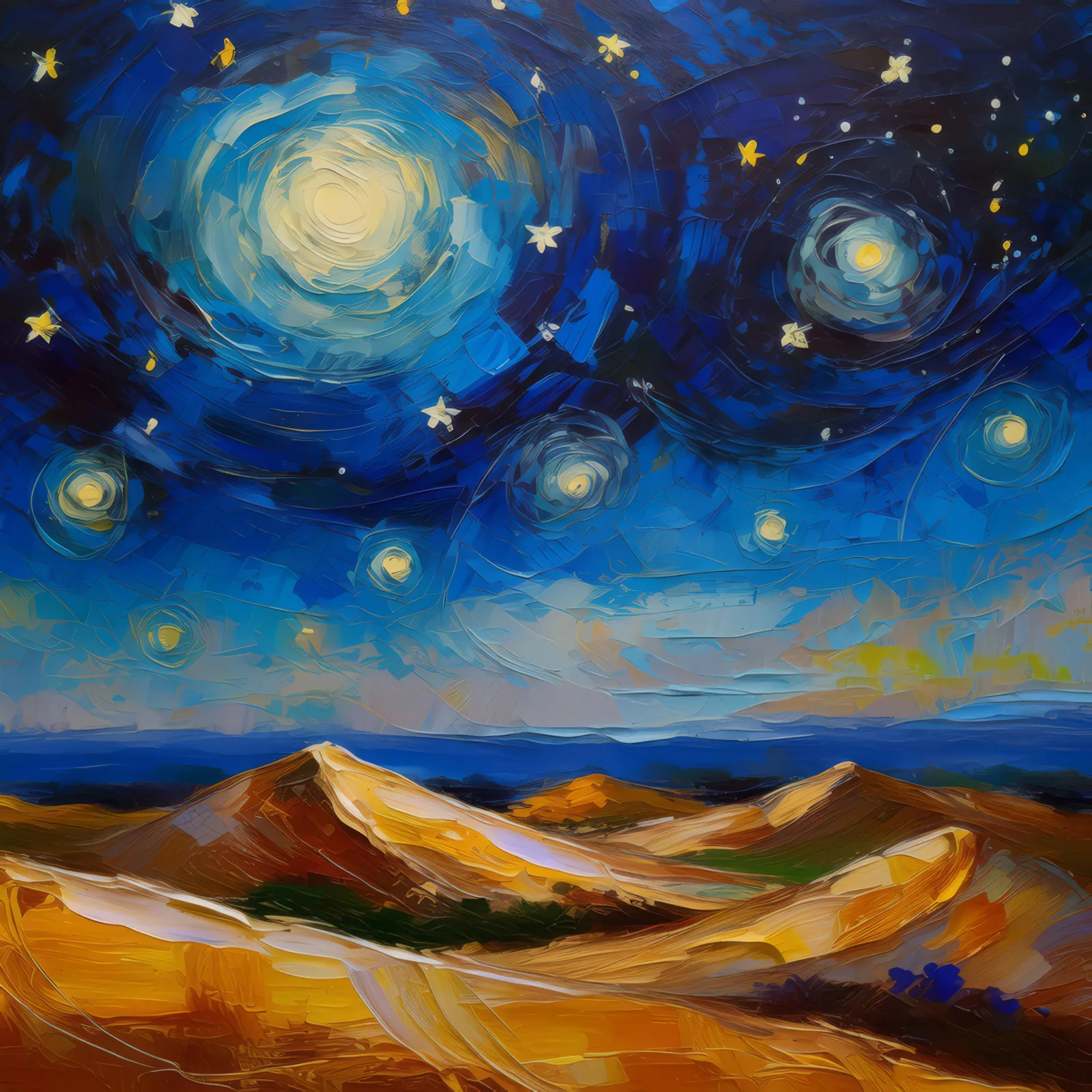 Dune Starry Night, a palette-knife oil landscape by Emma Mickelberg