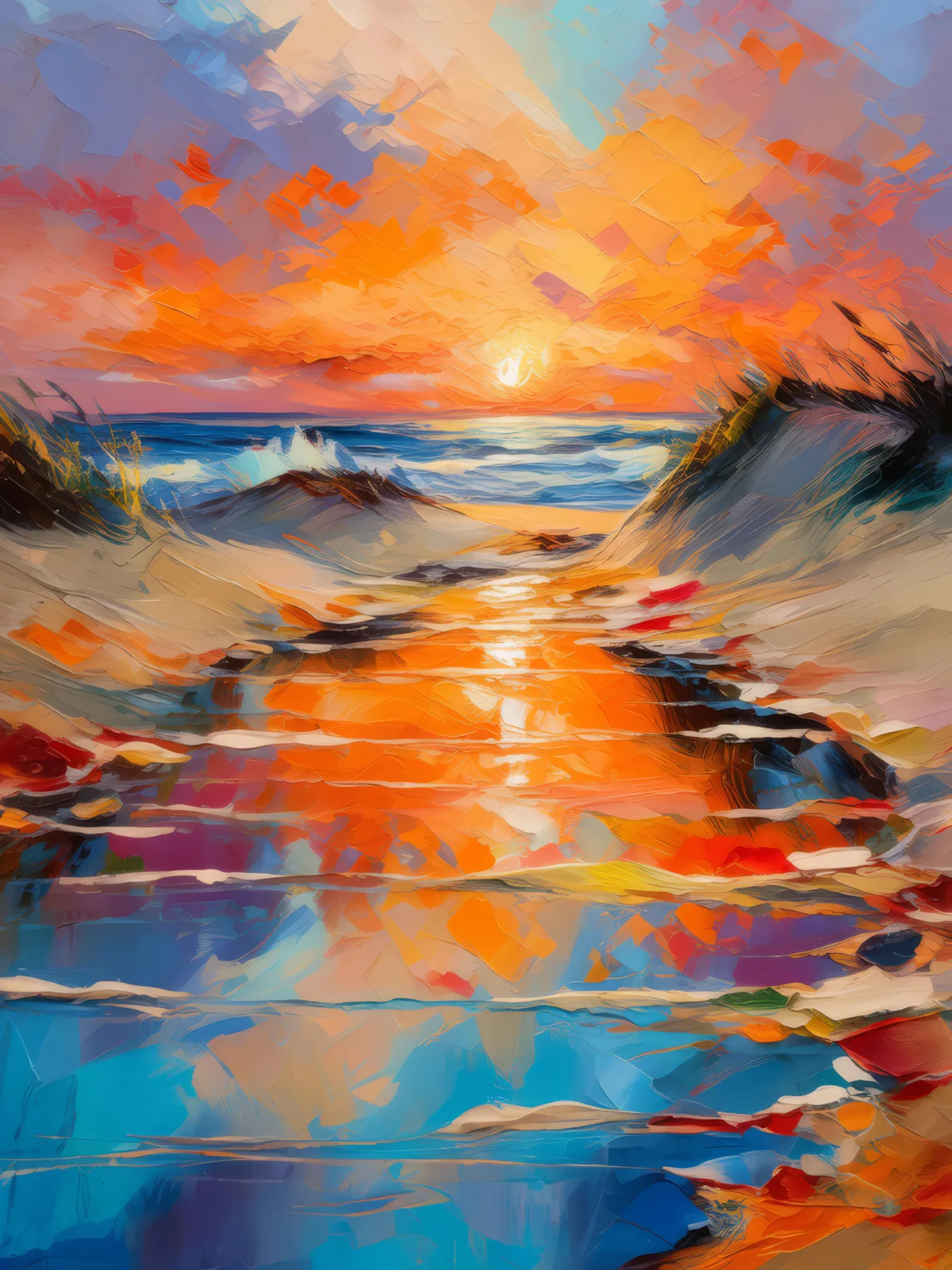 Dune Sunset Reflection, a palette-knife oil landscape by Emma Mickelberg
