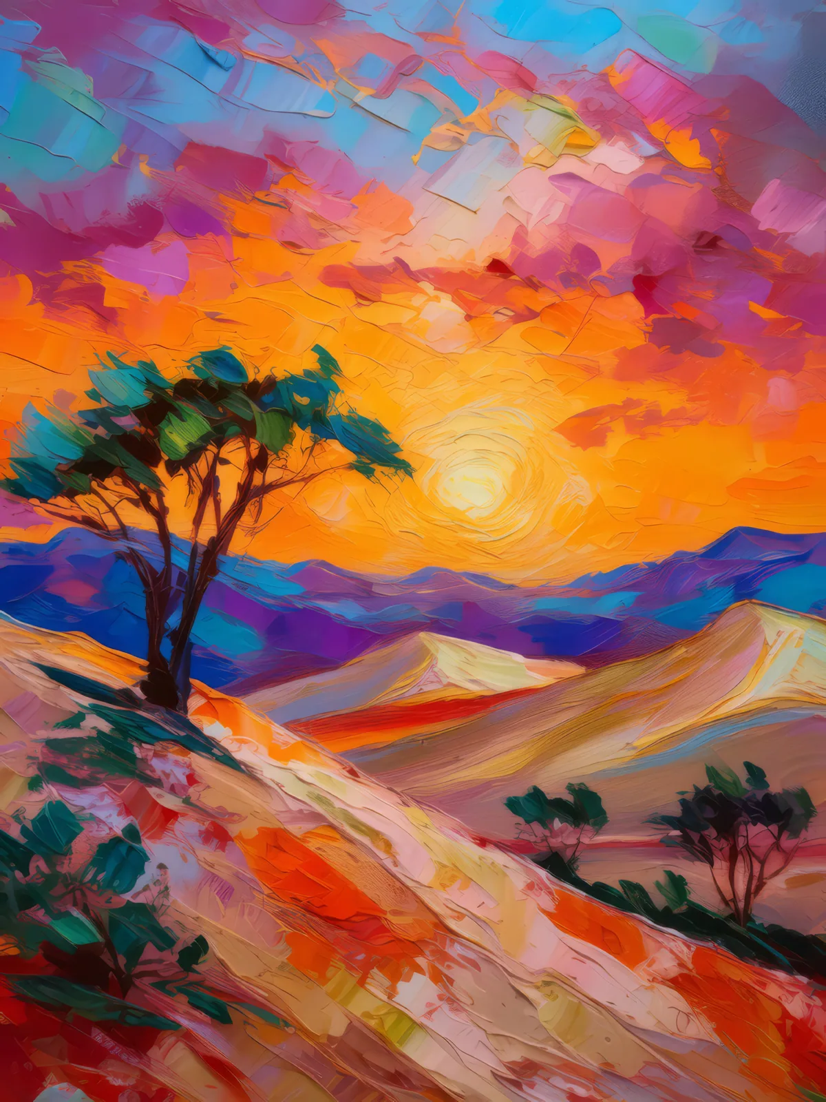 Dune Sunset Silhouettes, a palette-knife oil landscape by Emma Mickelberg