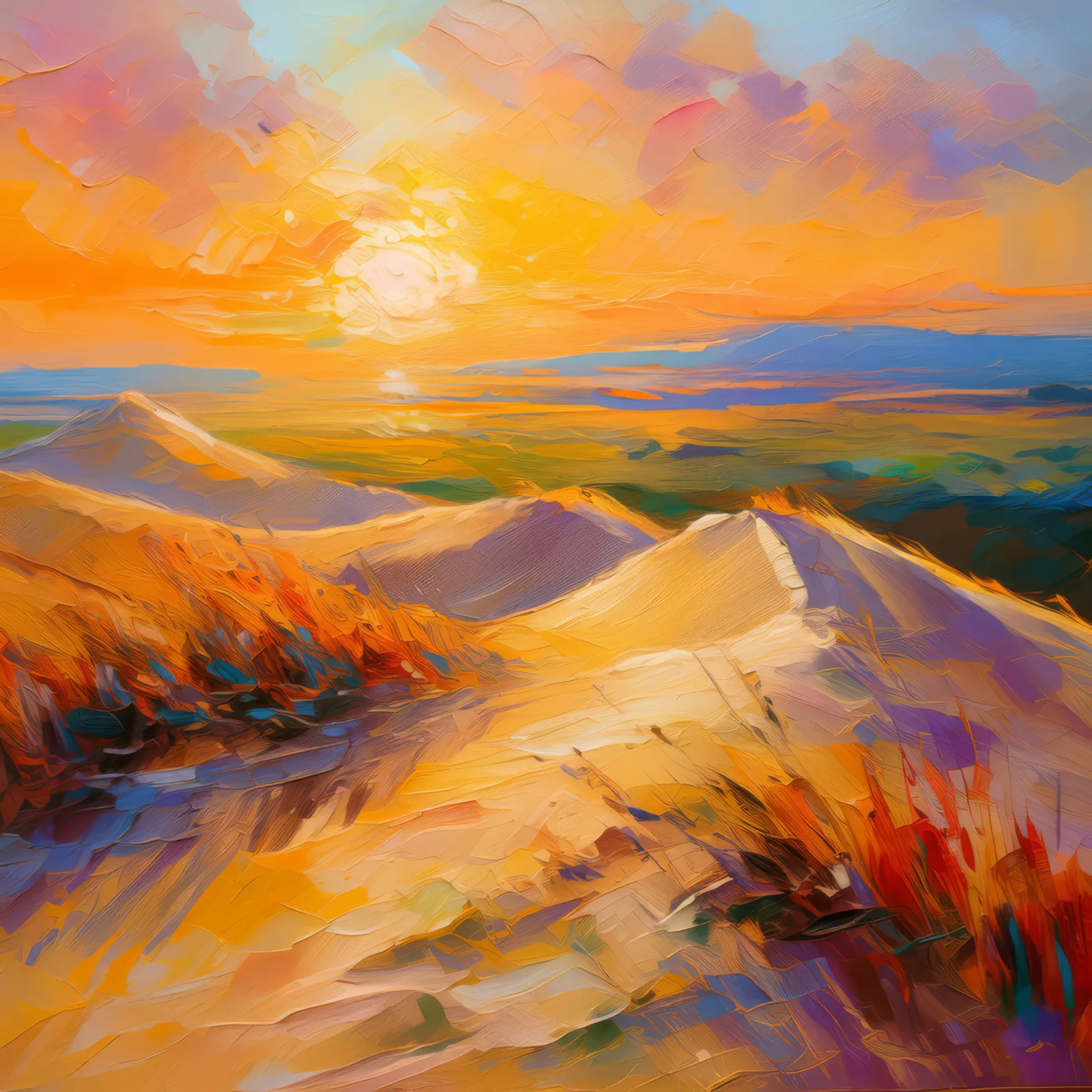 Dunes at Sunset, a palette-knife oil landscape by Emma Mickelberg