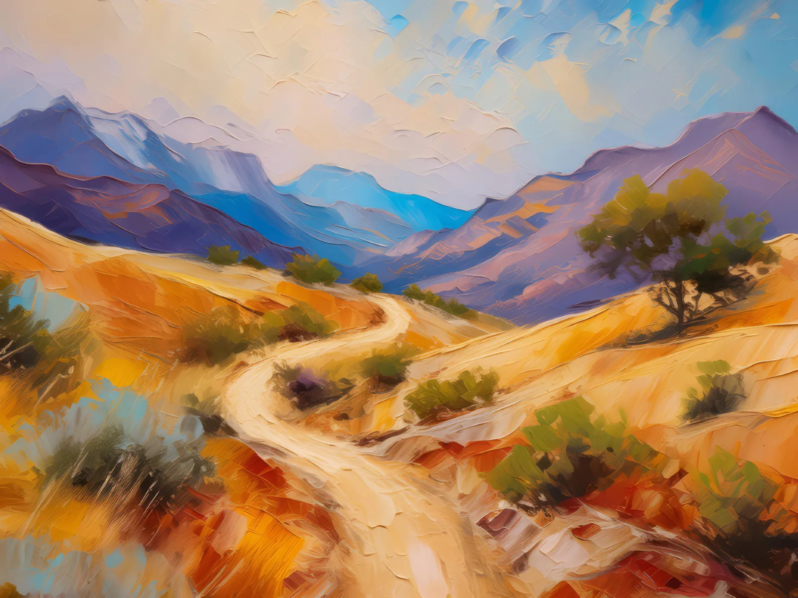 Dusty Trails of Alpine Desert, a palette-knife oil landscape by Emma Mickelberg