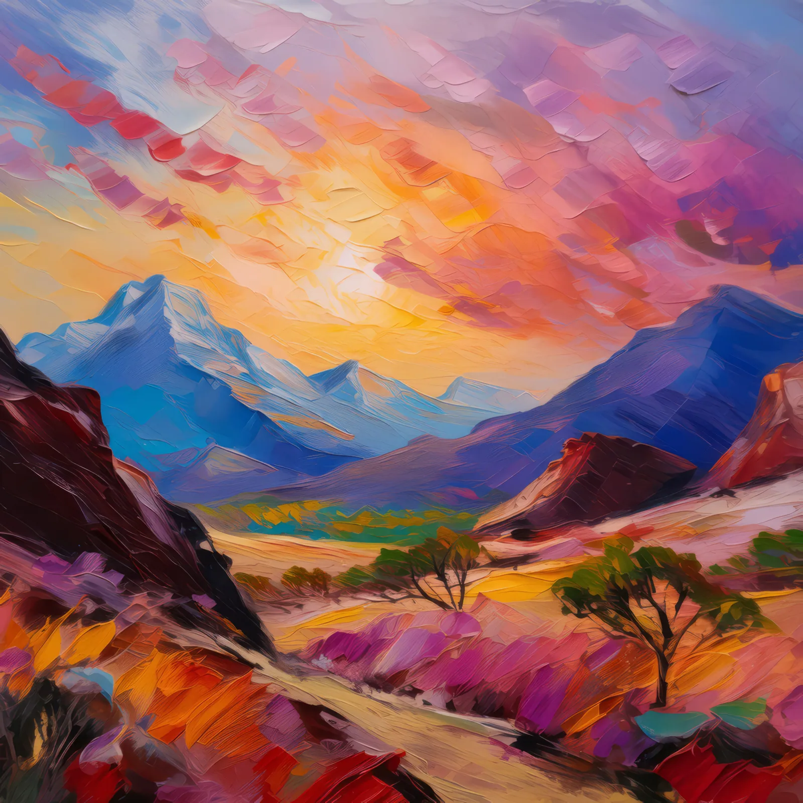 Early Dawn Over Alpine Desert, a palette-knife oil landscape by Emma Mickelberg
