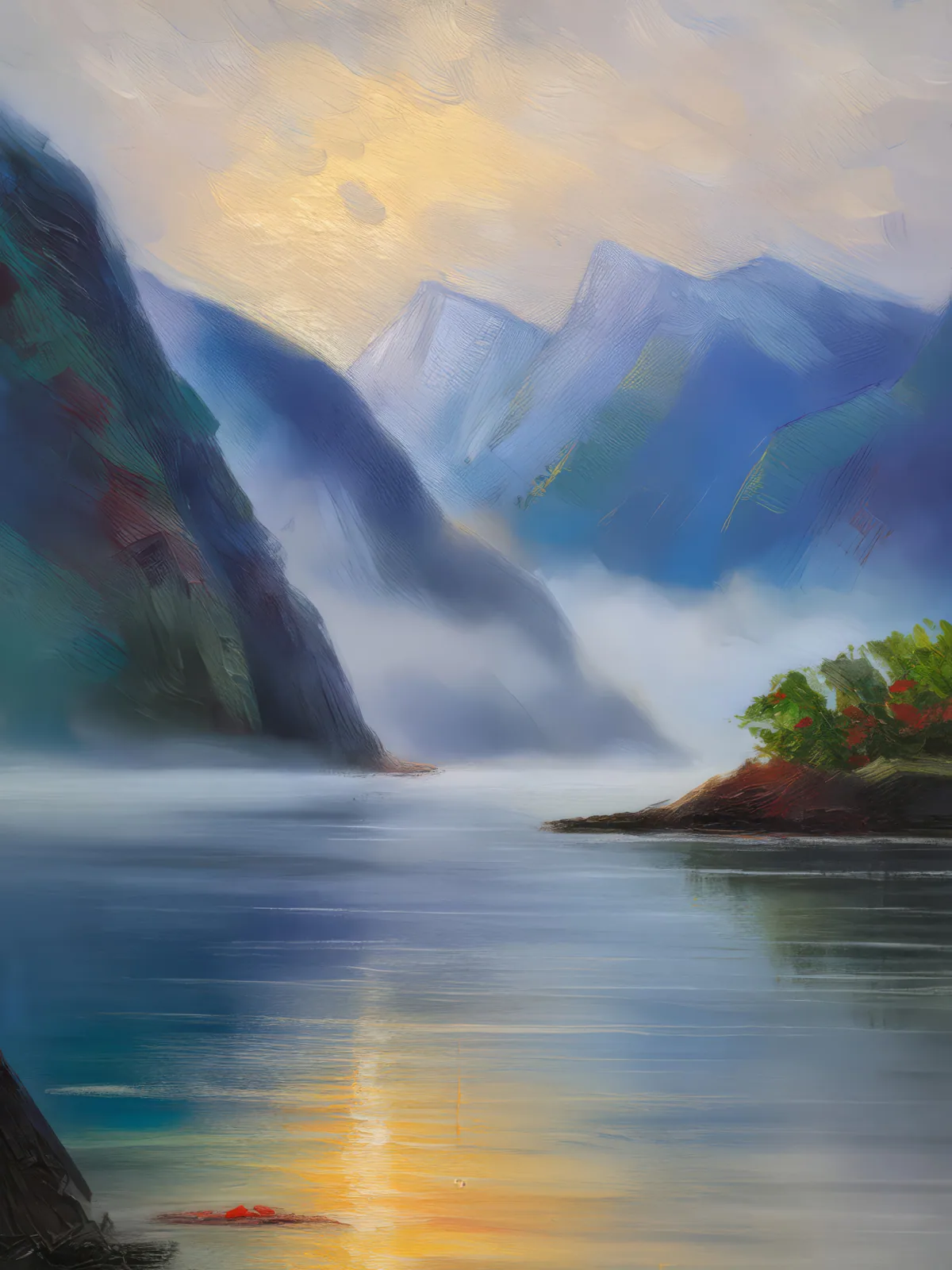 Early Mist on the Fjord, a palette-knife oil landscape by Emma Mickelberg