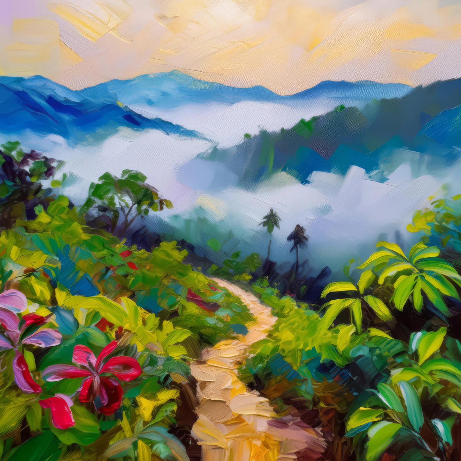 Early Mist Over Mountain Path, a palette-knife oil landscape by Emma Mickelberg