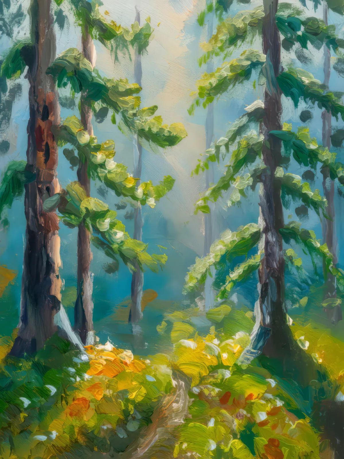 Early Morning Boreal Forest, a palette-knife oil landscape by Emma Mickelberg