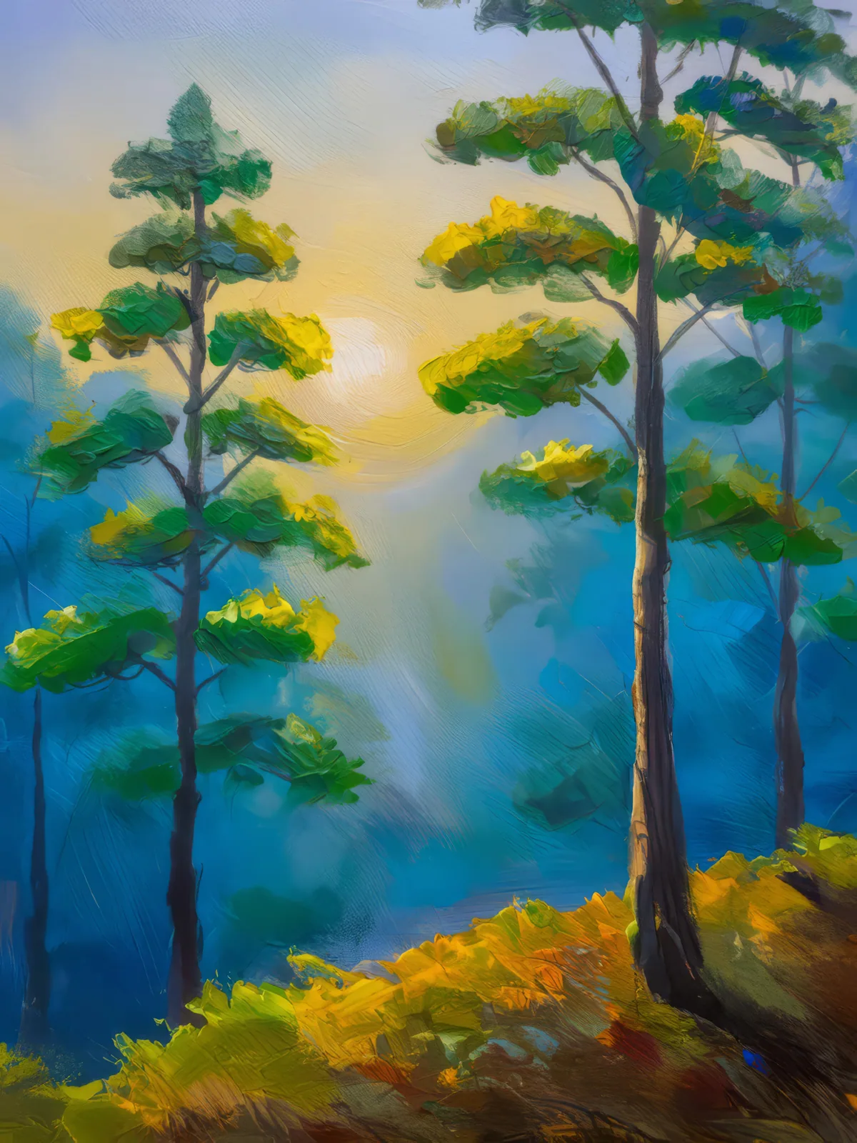 Early Morning Mist Rises, a palette-knife oil landscape by Emma Mickelberg