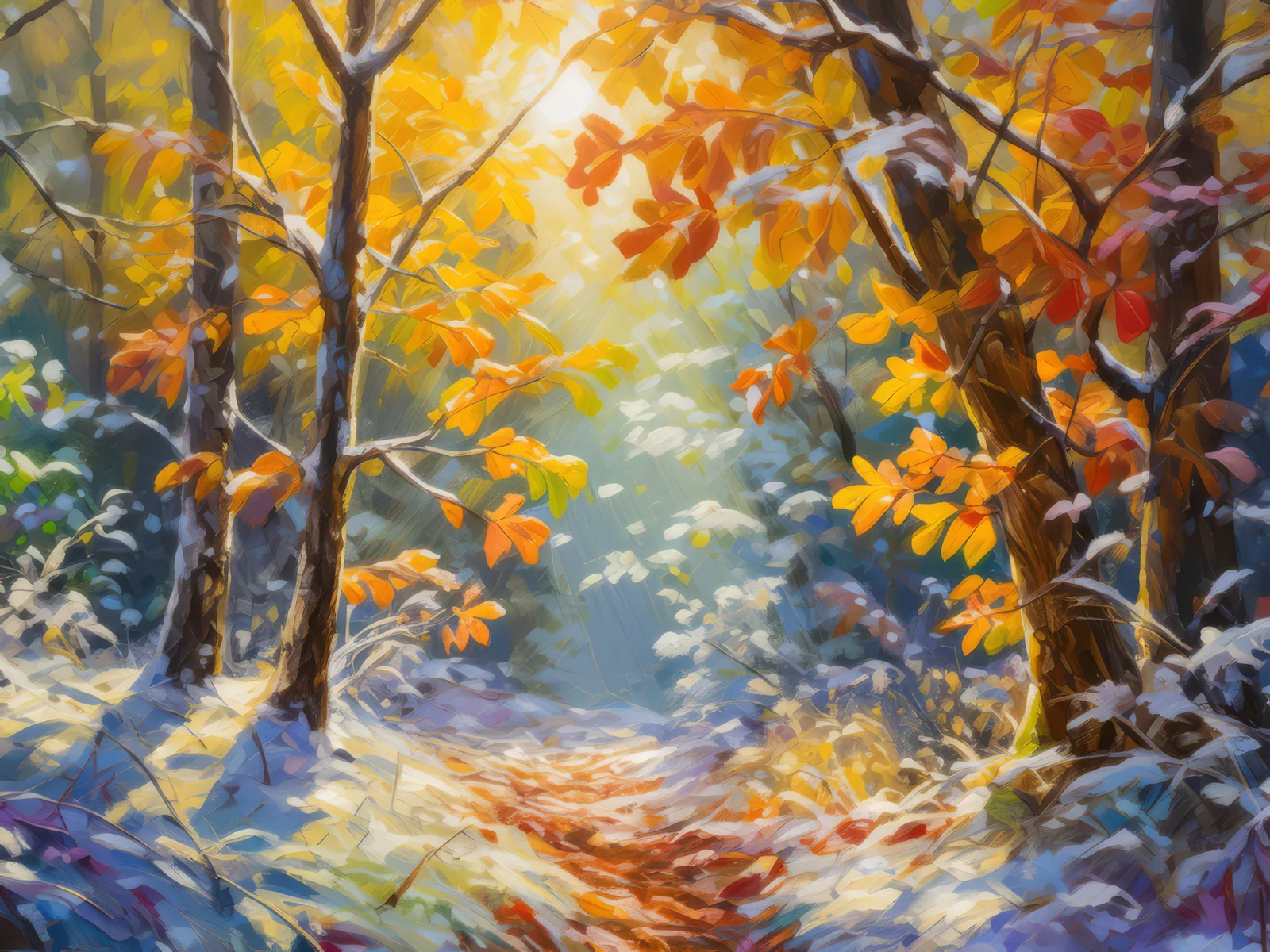 Early Winter's Frosty Touch, a palette-knife oil landscape by Emma Mickelberg