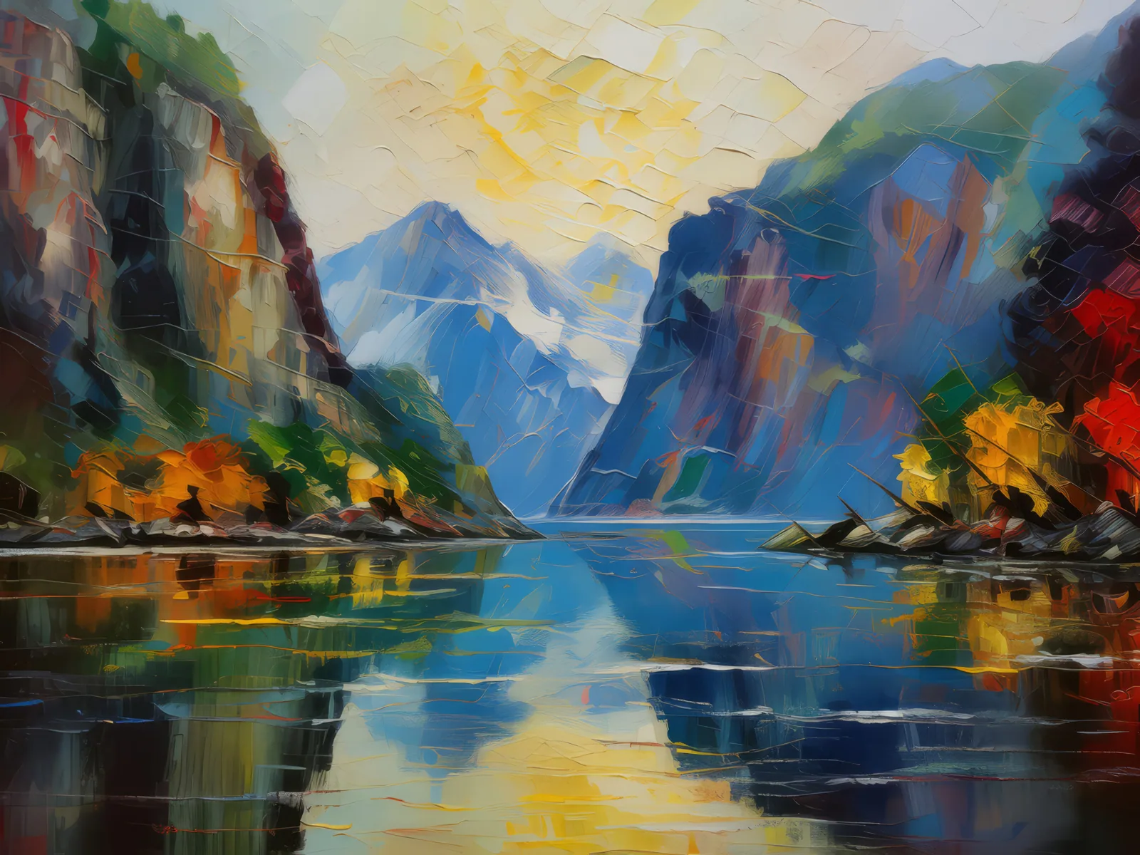 Echoes and Reflections in the Fjord, a palette-knife oil landscape by Emma Mickelberg