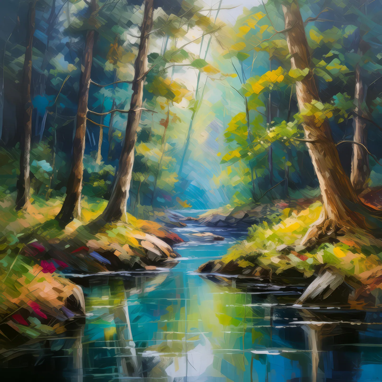 Echoes of a Forest Creek, a palette-knife oil landscape by Emma Mickelberg