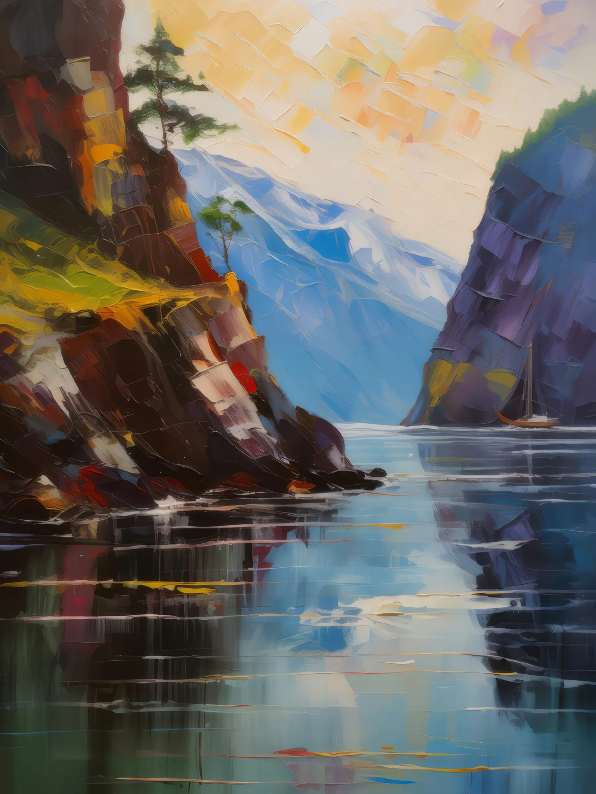 Echoes of Fjord's Depths, a palette-knife oil landscape by Emma Mickelberg