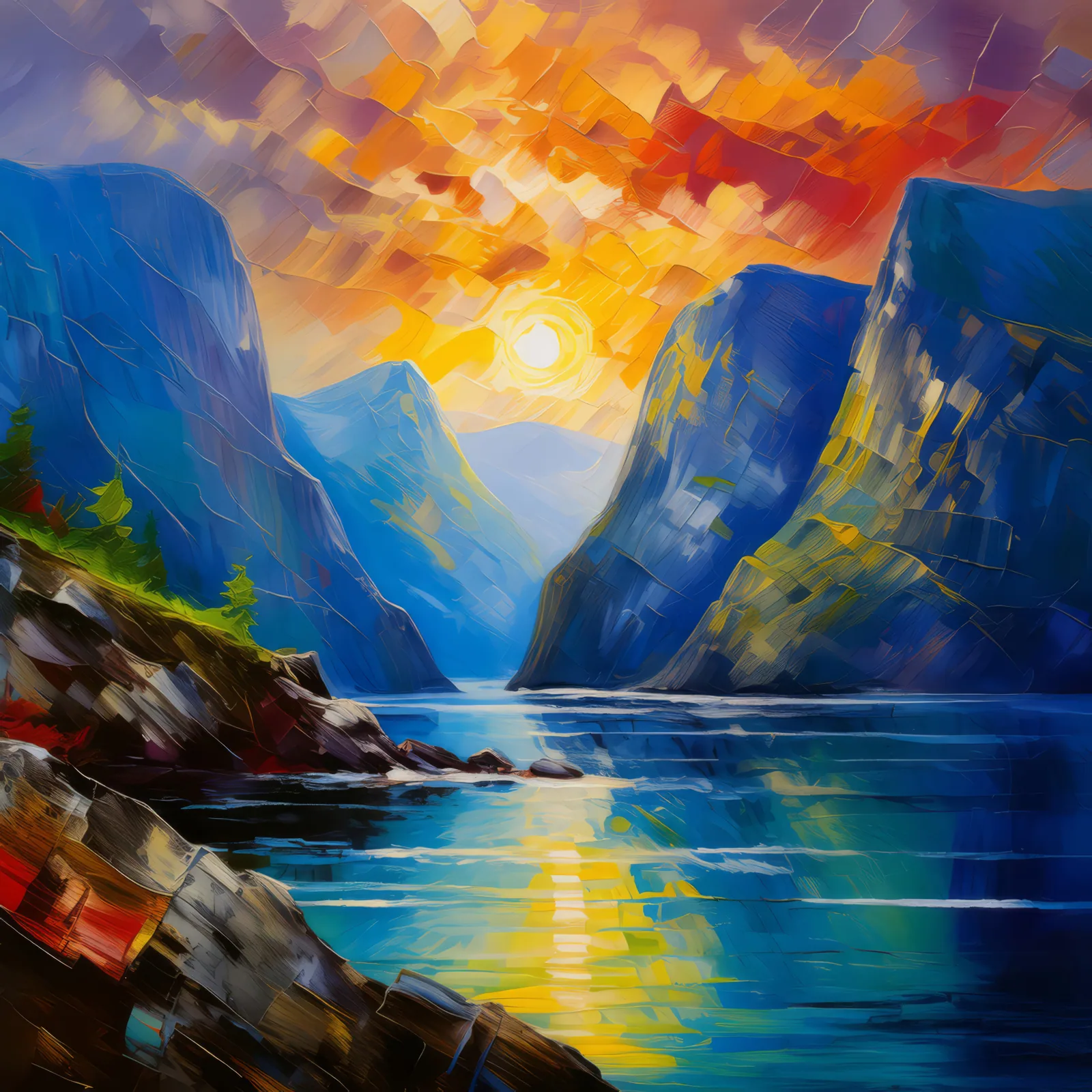 Echoes of the Fjord Valley, a palette-knife oil landscape by Emma Mickelberg