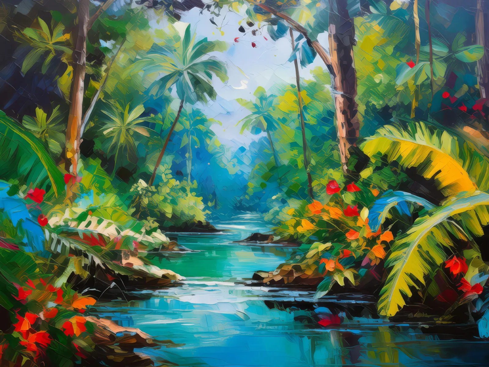 Echoes of the Jungle Stream, a palette-knife oil landscape by Emma Mickelberg