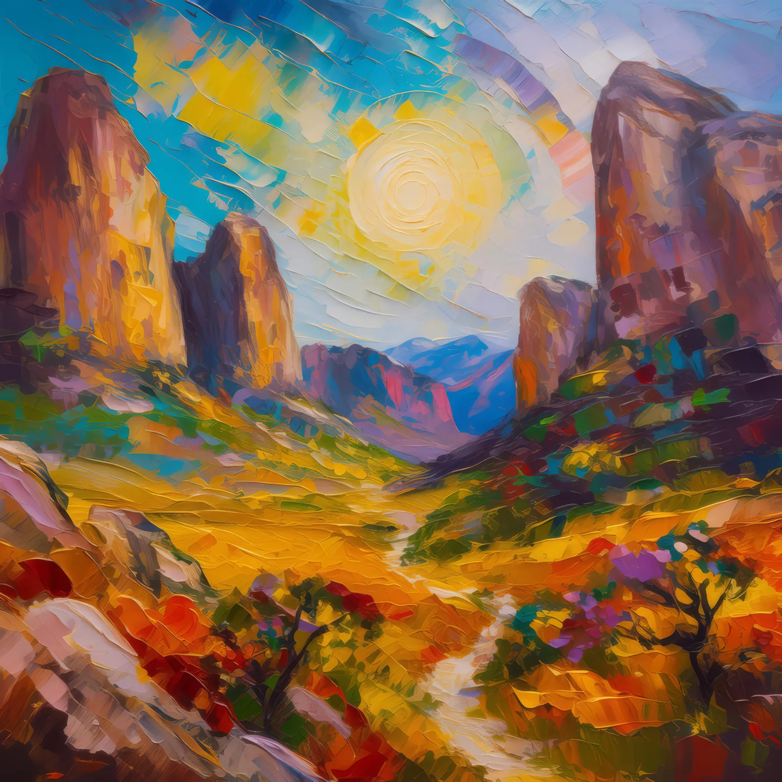Echoing Alpine Desert Valleys, a palette-knife oil landscape by Emma Mickelberg