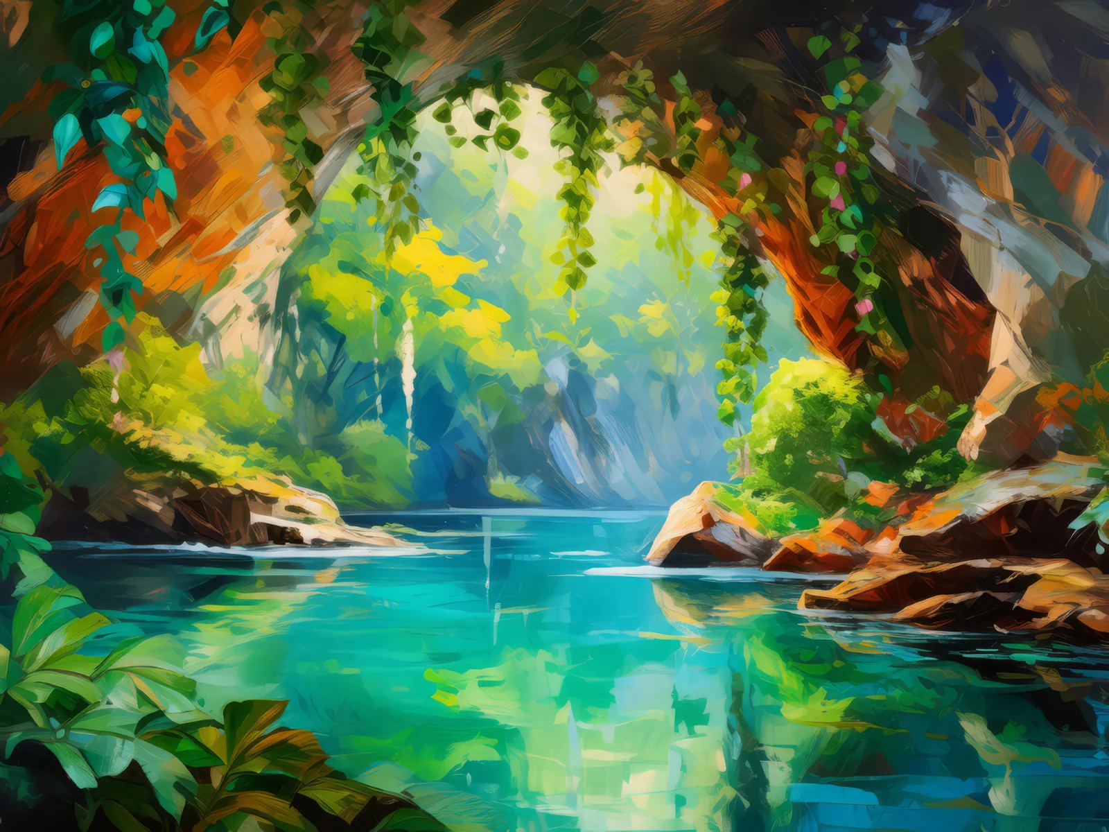 Emerald Cave Grotto, a palette-knife oil landscape by Emma Mickelberg