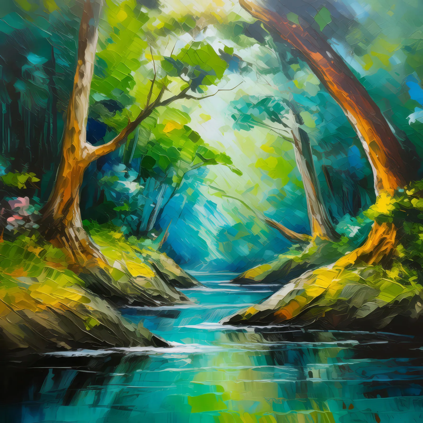 Emerald Forest Chasm, a palette-knife oil landscape by Emma Mickelberg