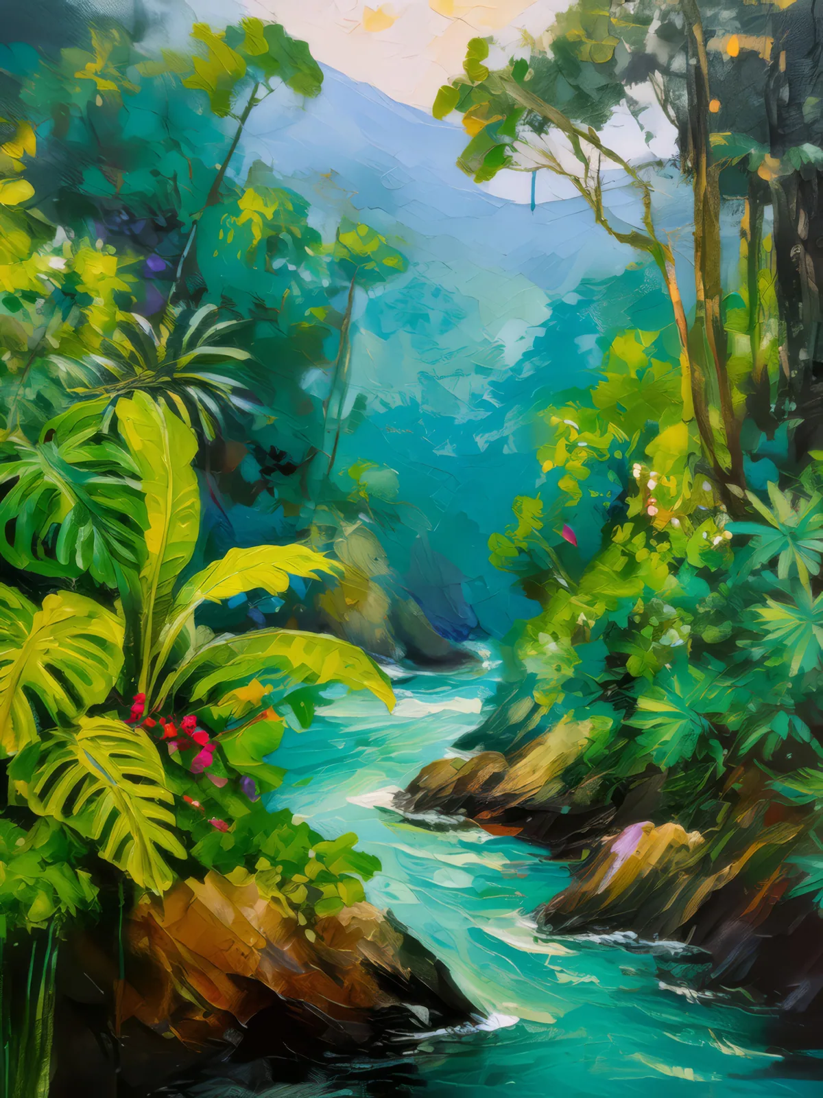 Emerald Jungle Chasm, a palette-knife oil landscape by Emma Mickelberg