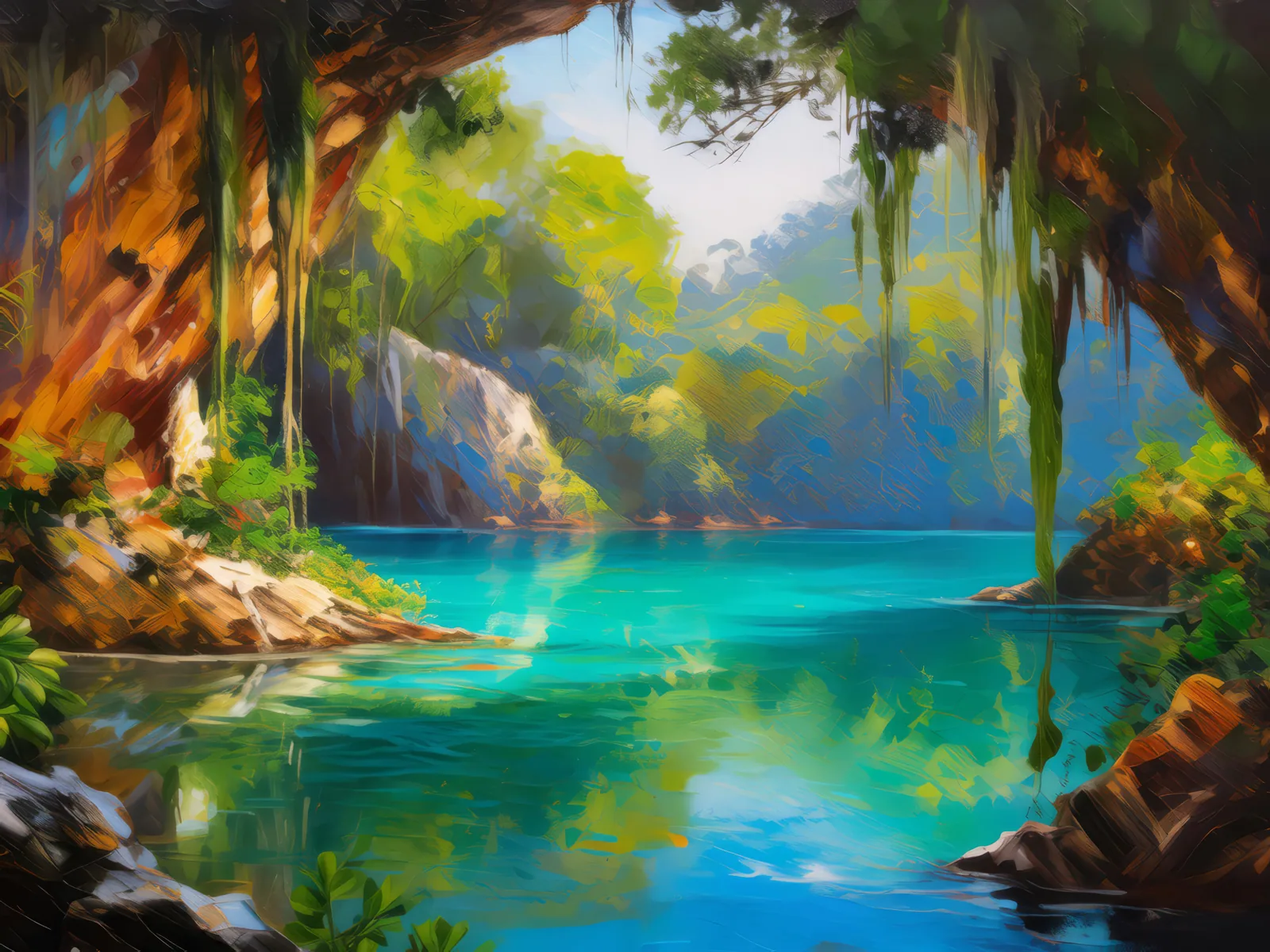 Emerald Lagoon Grotto, a palette-knife oil landscape by Emma Mickelberg