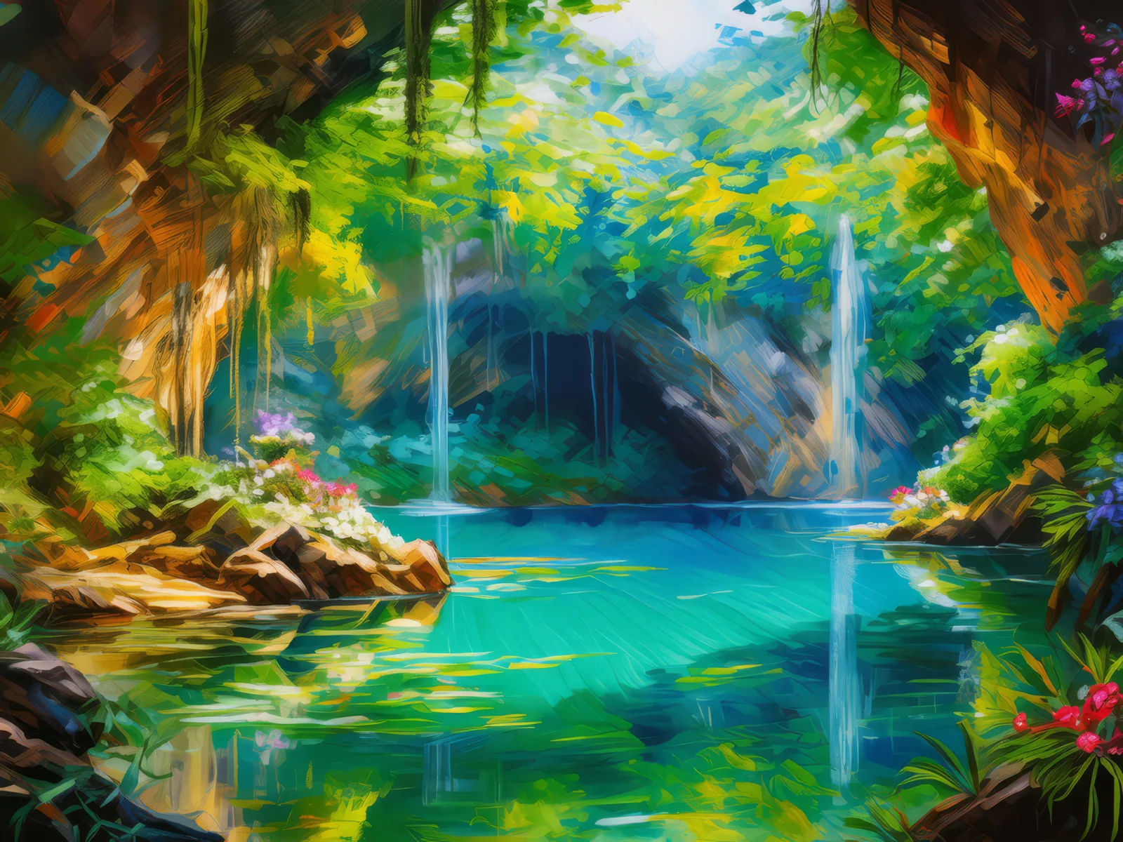 Emerald Lake Grotto, a palette-knife oil landscape by Emma Mickelberg