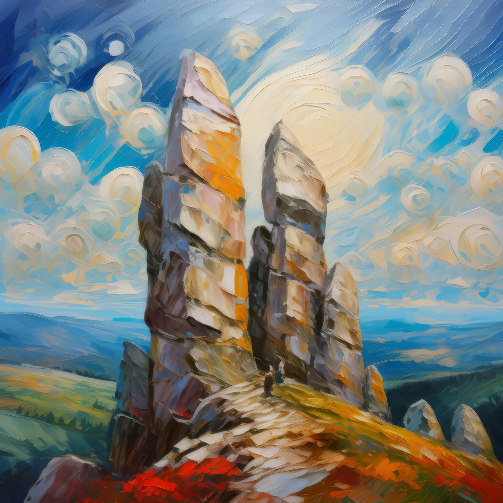 Enchanted Crag Guardians, a palette-knife oil landscape by Emma Mickelberg