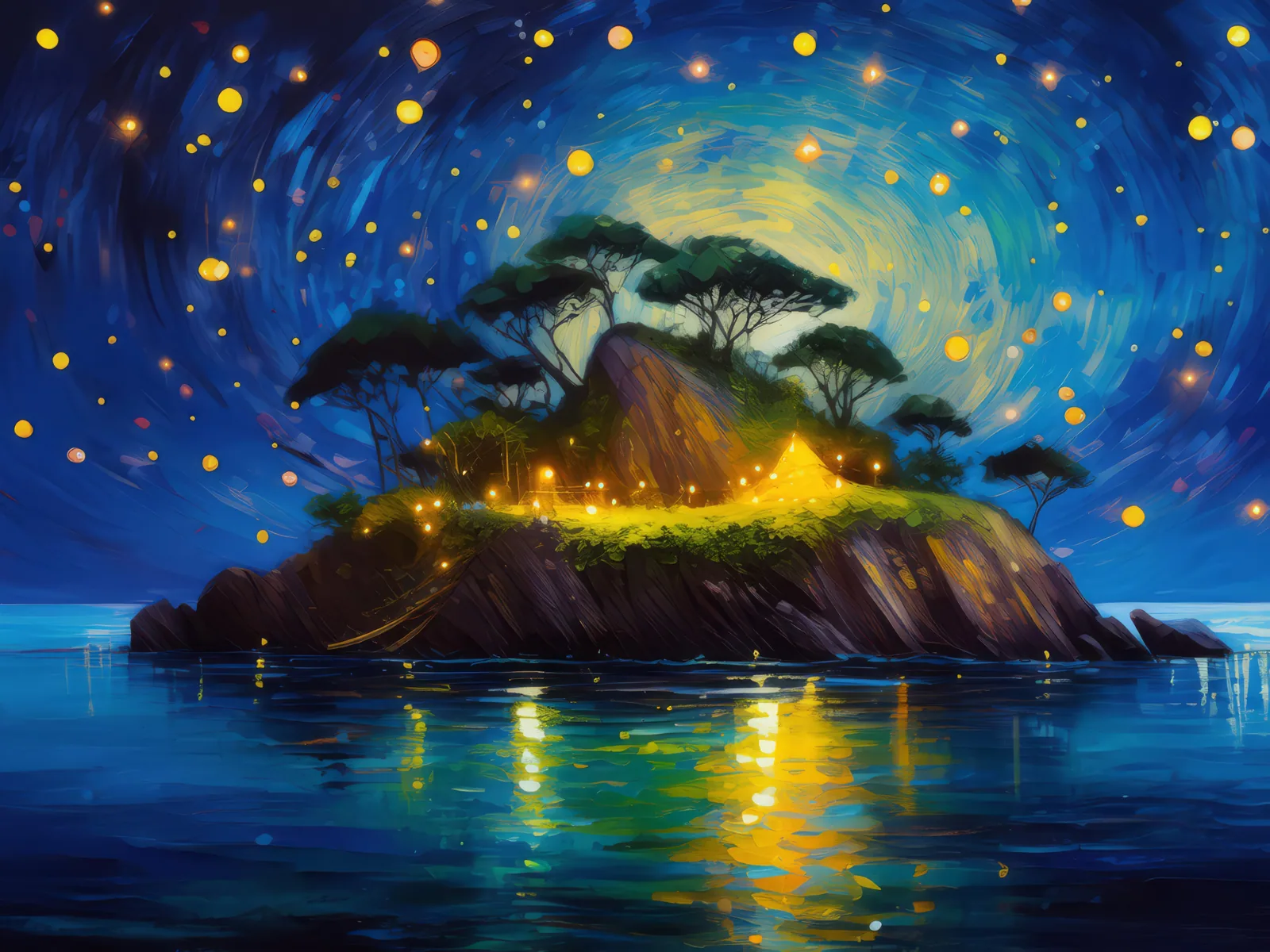 Enchanted Firefly Island, a palette-knife oil landscape by Emma Mickelberg