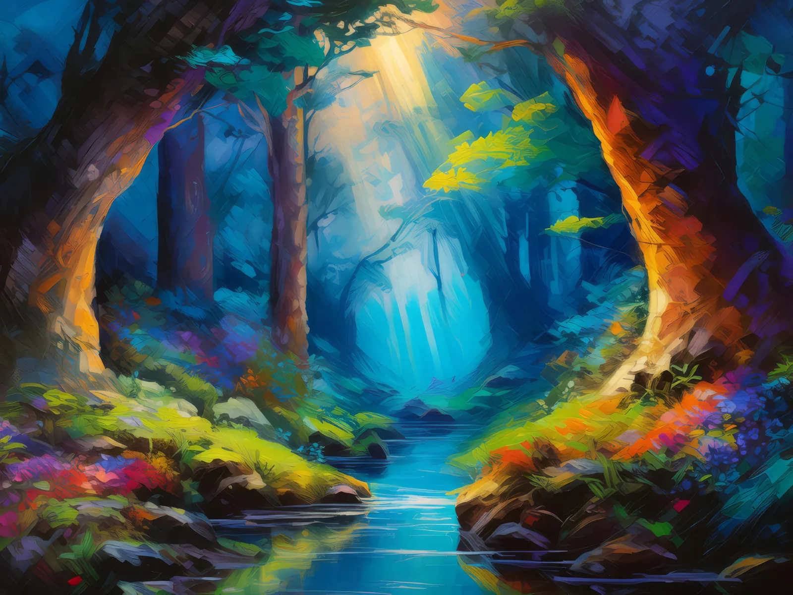 Enchanted Forest Chasm, a palette-knife oil landscape by Emma Mickelberg