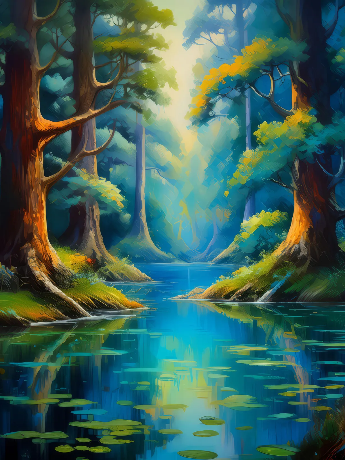 Enchanted Forest Lake, a palette-knife oil landscape by Emma Mickelberg