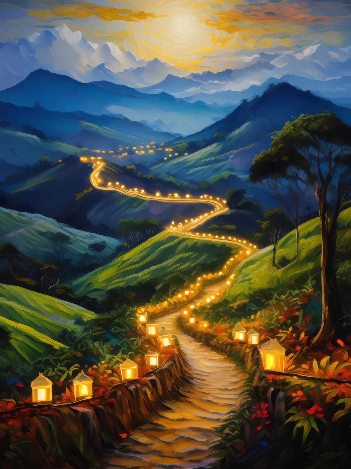 Enchanted Knoll Fairy Light Trail, a palette-knife oil landscape by Emma Mickelberg