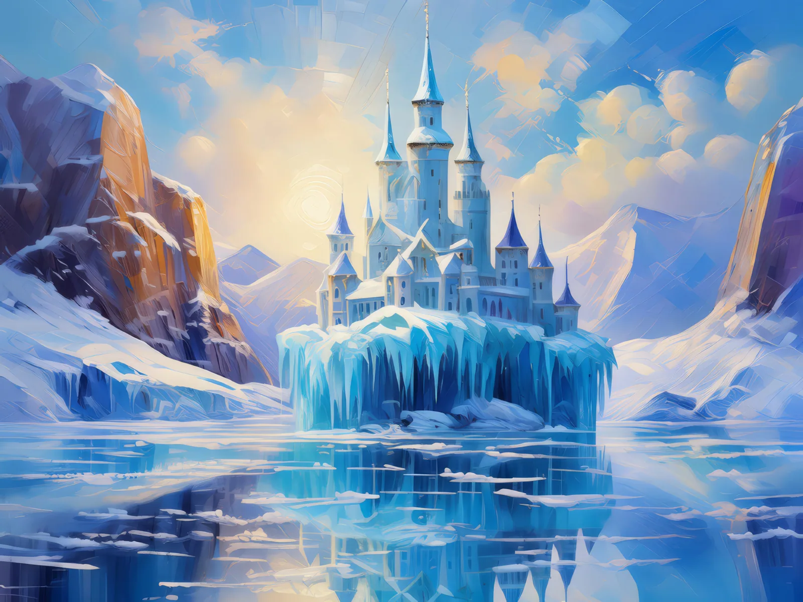 Enchanted Lake Ice Palace, a palette-knife oil landscape by Emma Mickelberg