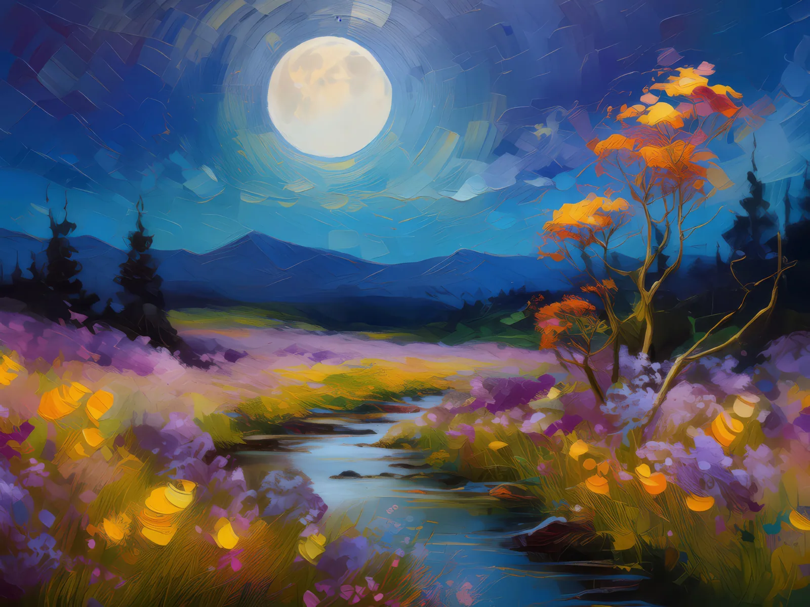Enchanted Moor under Moon, a palette-knife oil landscape by Emma Mickelberg