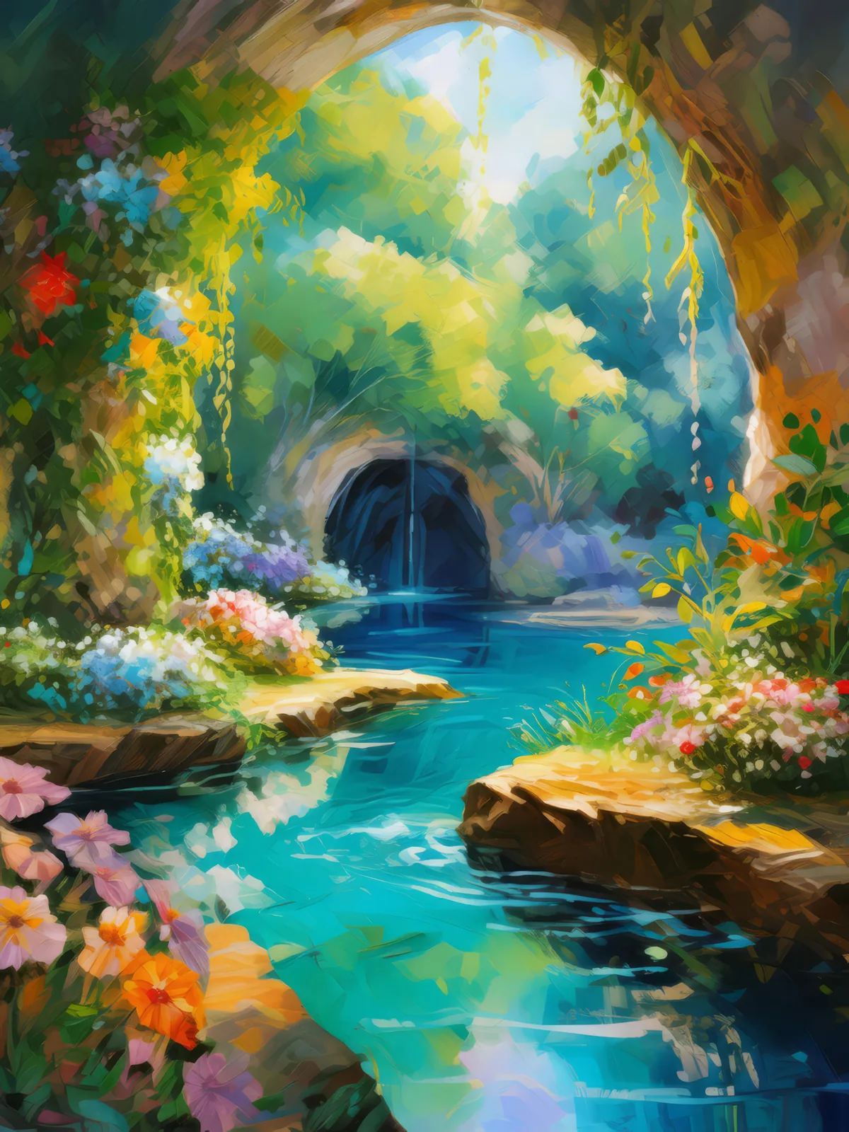 Enchanted Spring Grotto, a palette-knife oil landscape by Emma Mickelberg
