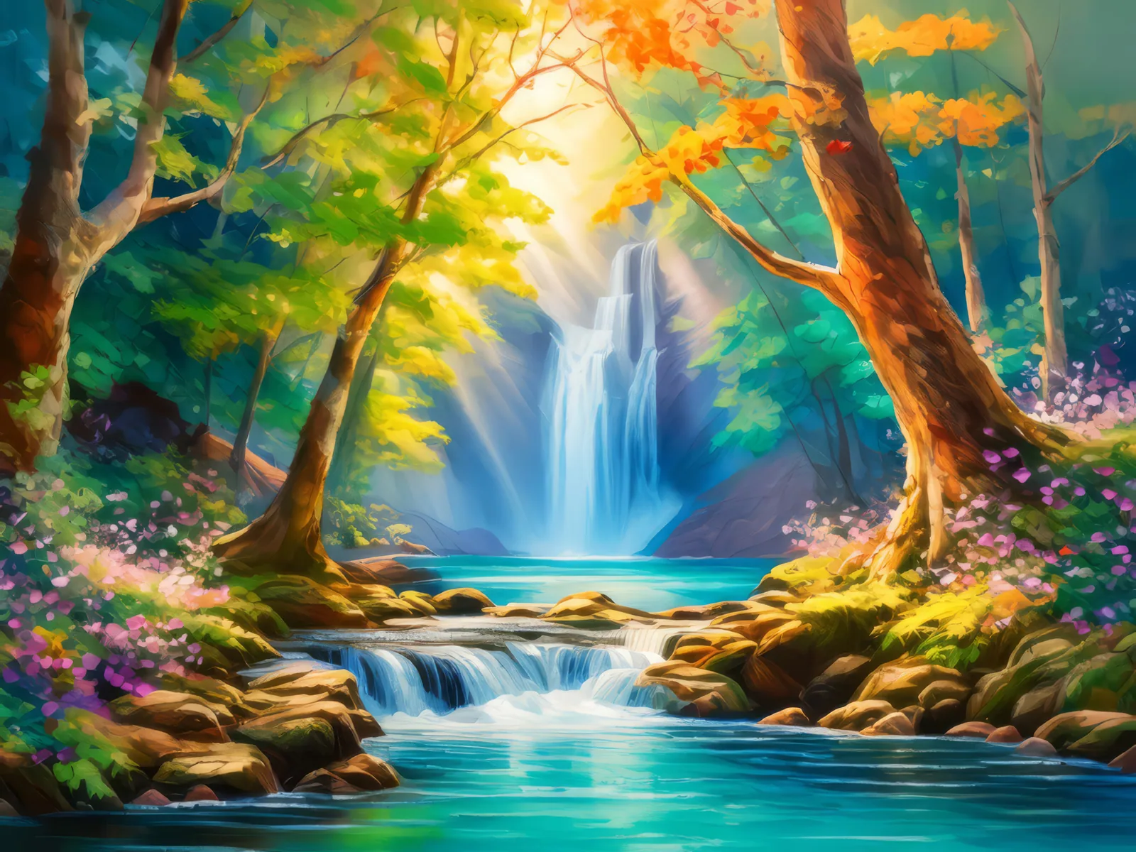 Enchanted Woodland Waterfall, a palette-knife oil landscape by Emma Mickelberg