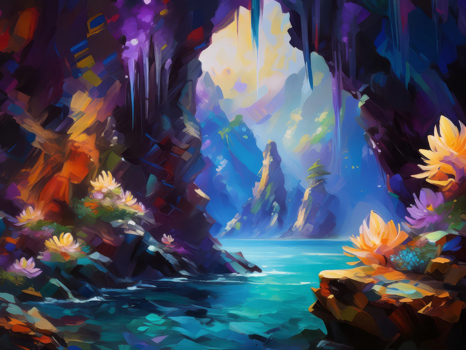 Enchanting Crag Grotto, a palette-knife oil landscape by Emma Mickelberg