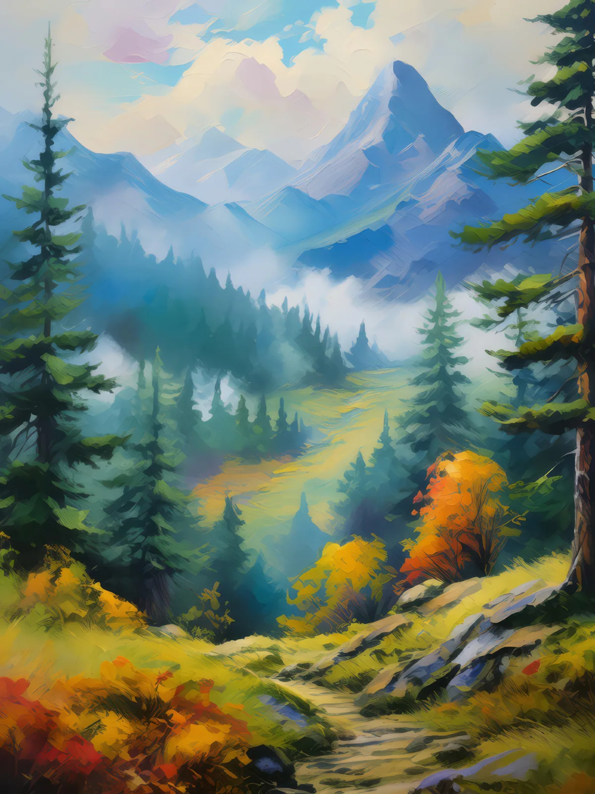 Enchanting Plateau Mist Forest, a palette-knife oil landscape by Emma Mickelberg