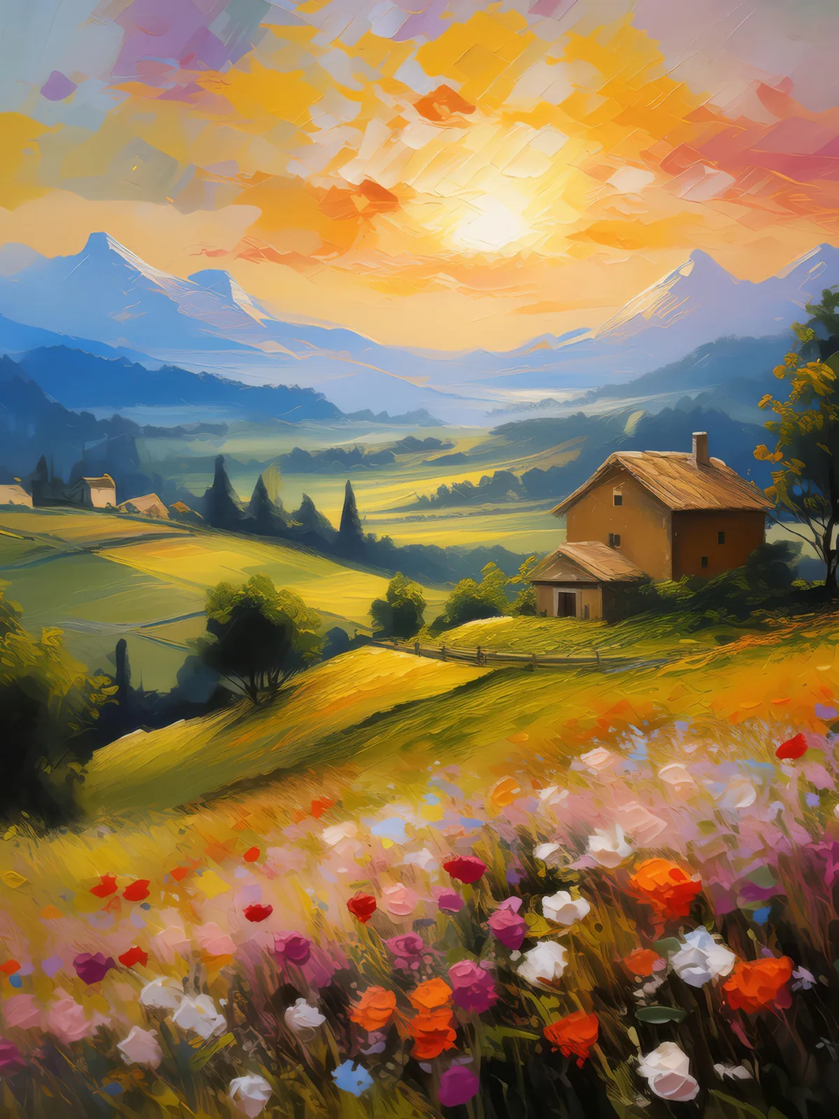 Enchanting Plateau Sunrise, a palette-knife oil landscape by Emma Mickelberg