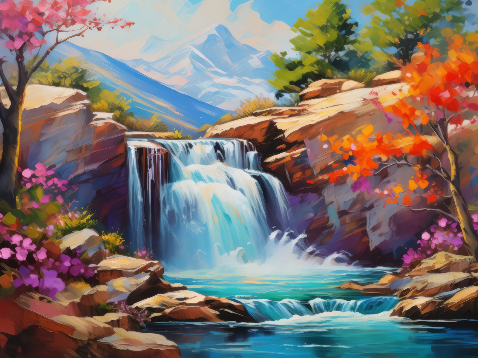 Enchanting Plateau Waterfall, a palette-knife oil landscape by Emma Mickelberg